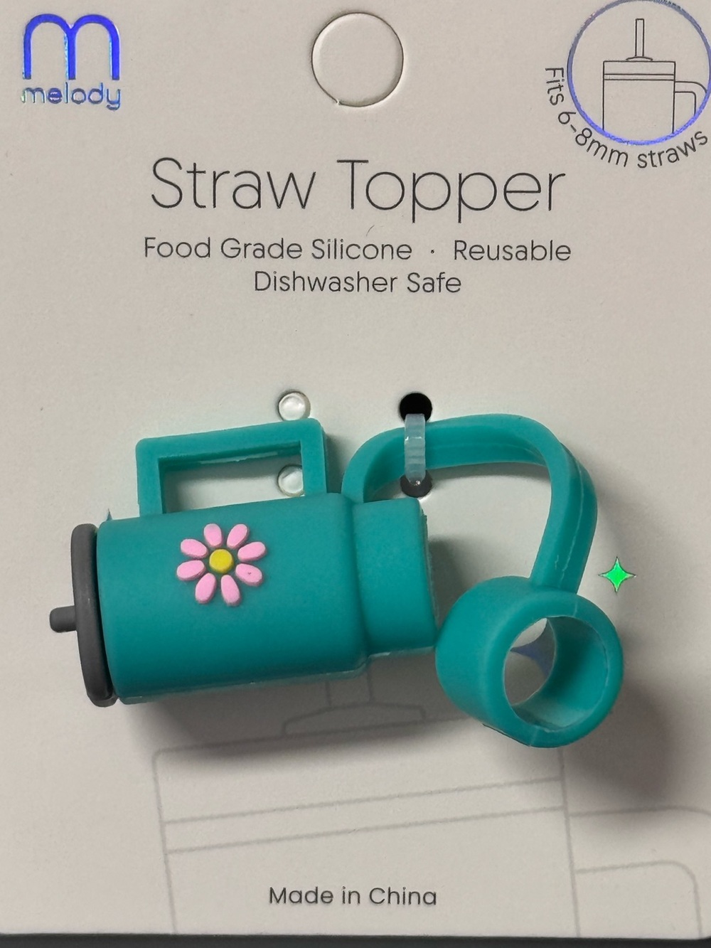 NWT Melody Silicone Water Bottle Tumbler Straw Topper Cover Daisy Floral Aqua